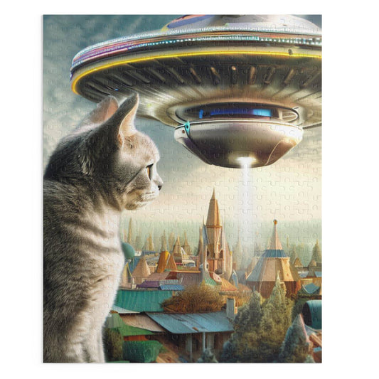 Encounter with Astrocat 500-Piece Jigsaw Puzzle: gray, beige gray tabby cat and flying saucer over a fantasy city, surreal fa
