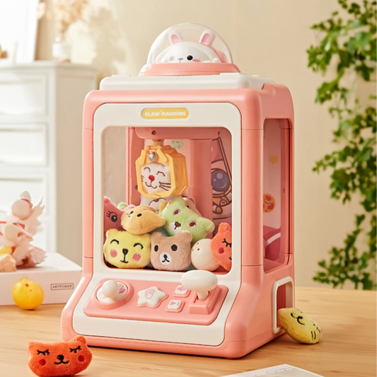Compact Animated Entertainment Claw Game Device: pink, white cute animal characters, kawaii cartoon style