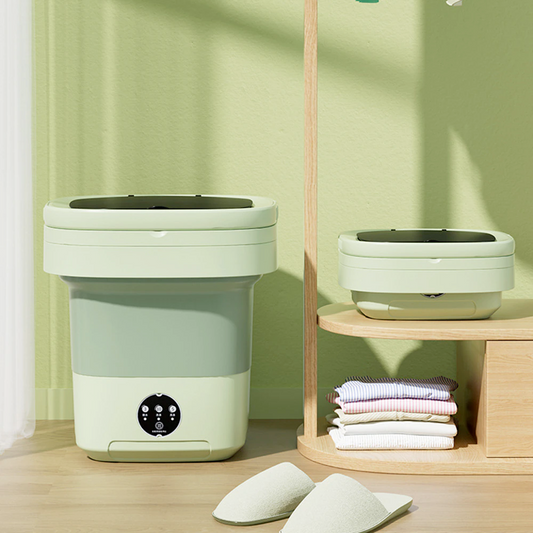 Portable Compact Laundry Machine: pale mint green, light wood household appliance or fixture set, minimal modern style