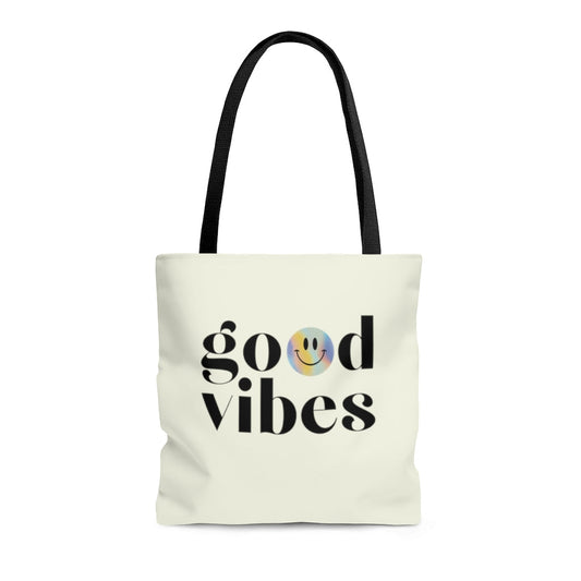 Medium Beach Shopper Tote Bag Spreading Positivity: off-white, black smiley face graphic, minimal graphic style