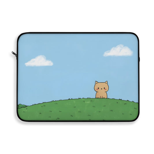 Park Cat Laptop Cover: light blue, green cartoon cat, minimal cartoon style