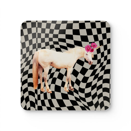 Retro Cosmic Unicorn Coaster Set, 4 Piece: black, white unicorn, surreal cartoon collage style