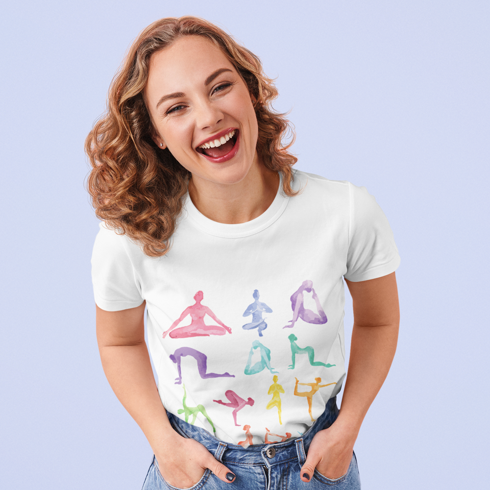 Short Sleeve Tee Featuring Yoga Postures Print