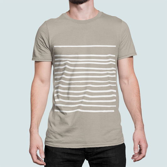 Sand-Colored Men's T-Shirt with Horizontal Stripes: taupe/gray, white short-sleeve T-shirt, minimal graphic style