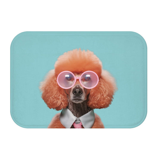 Stylish Canine with Sunglasses Bath Mat: turquoise, peach-orange poodle dog character, cartoon-like fashion portrait style