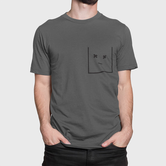 Streetwear T-Shirt for Men with Faux Pockets: dark gray, black simple face graphic, minimal style