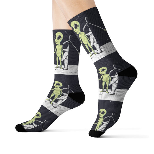 Quirky Extraterrestrial Selfie Socks: black, dark gray green alien character, cartoon graphic style