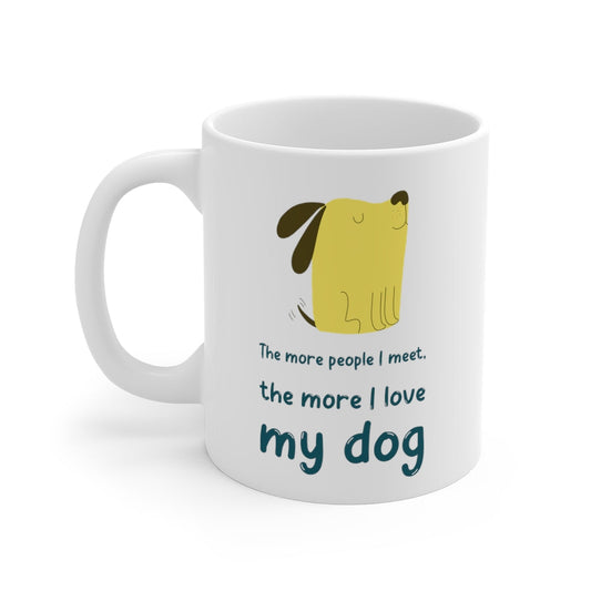 The More Individuals Gather, The More I Adore My Canine Mug: white, yellow cartoon dog