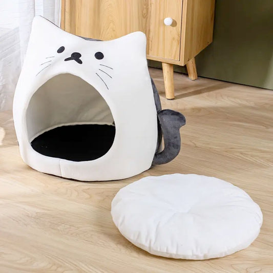 Pet House in Charming Feline Form: white, dark gray cat, kawaii cartoon style