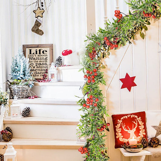 Lighted Festive Red Berry Garland Decoration for the Holidays: green, red holiday foliage with red berries, rustic festive st