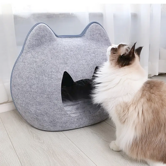 Pet Haven: Charming Feline-Shaped Shelter for Every Season: gray, dark gray trim cat-shaped design, minimal cartoon style