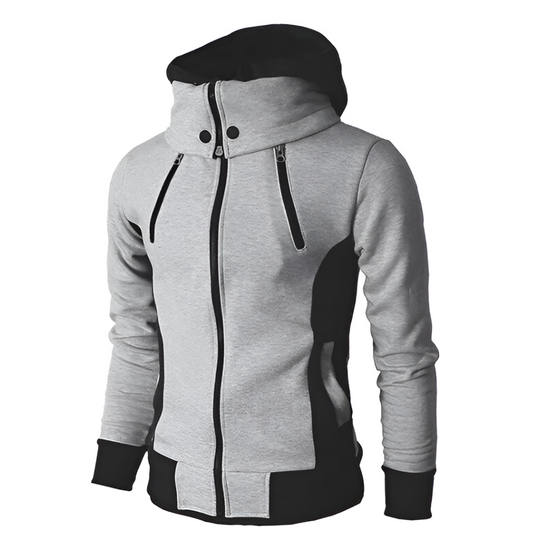 High Collar Men's Hoodie with Contrasting Cuffs: light gray, black hooded zip-up sweatshirt jacket, modern athletic casual st