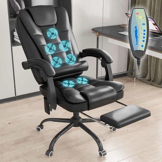Deluxe 5-Mode Massage Office Chair with Adjustable Foot Support: black, dark gray office chair with footrest, modern ergonomi