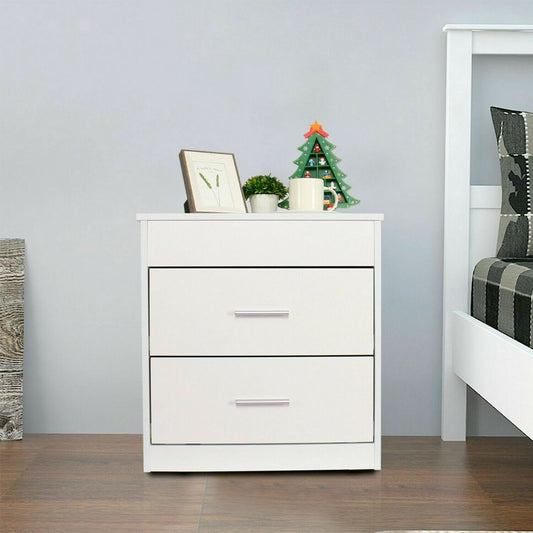 Extendable Top Wooden End Table: white, silver two-drawer bedside cabinet/nightstand, minimal style
