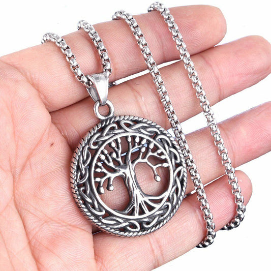 Pendant Necklace with Tree Symbolism: silver tree of life, ornate symbolic style