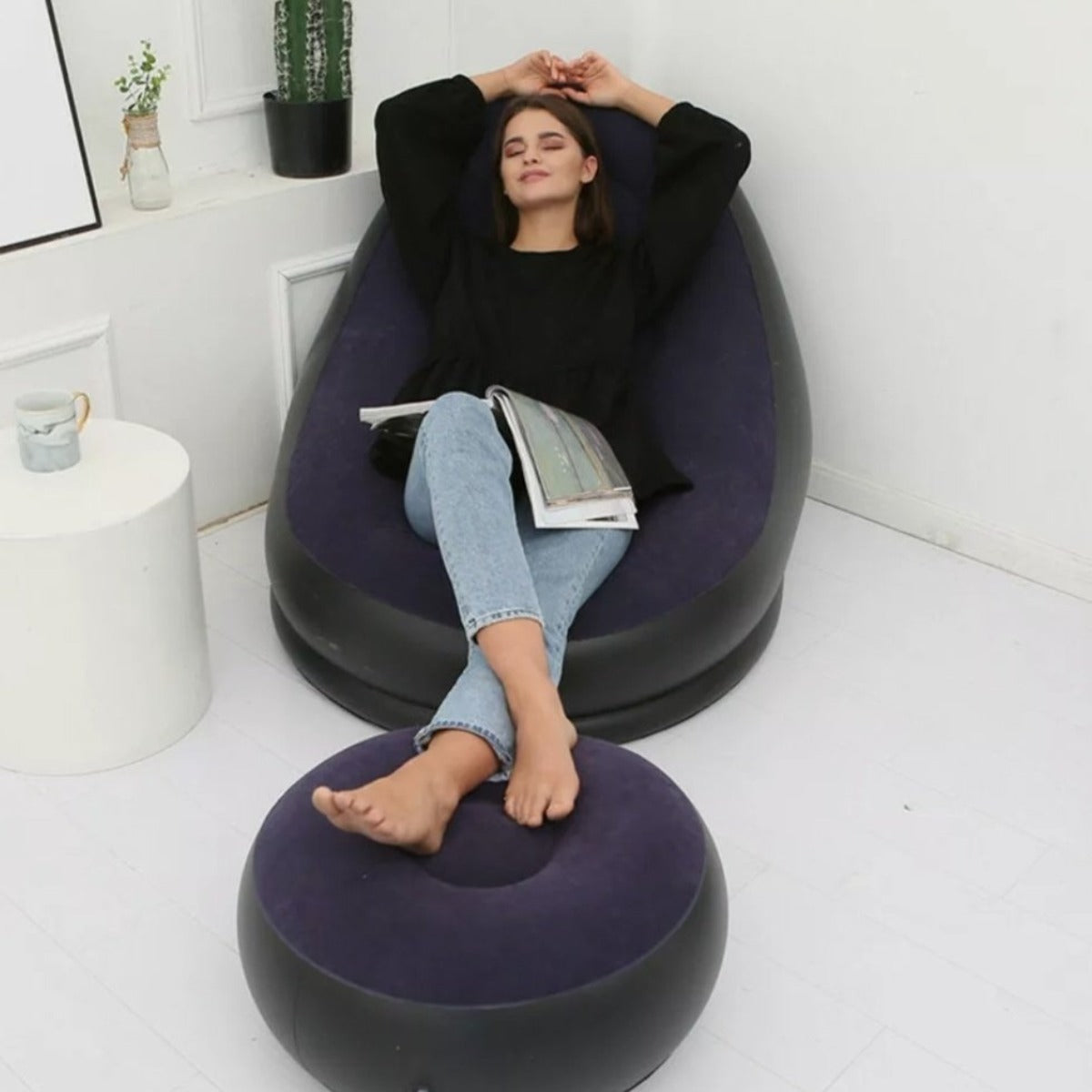 Large Bean Bag Sofa Set with Inflatable Footrest