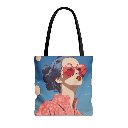 Sakura Blossom Kimono Print Medium Tote Bag with Pop of Color: blue, black stylized woman character, retro cartoon illustrati