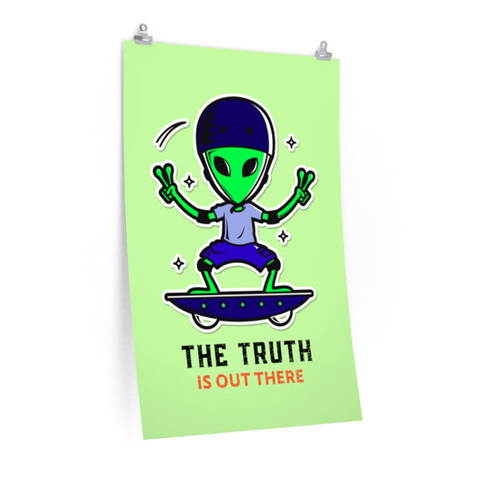The Ultimate Matte Vertical Posters: Unveiling the Truth: light green, bright green cartoon alien riding a UFO, cartoon, kawa