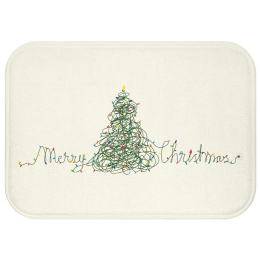 Christmas Tree Lights Bathroom Rug, Festive Home Decor: off-white, green Christmas tree and "Merry Christmas" text, festive h