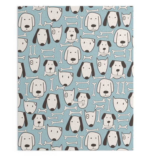 Canine Design Puzzle with 500 Pieces for Assembly: light blue, white dogs and dog faces, cartoon, playful, minimal style