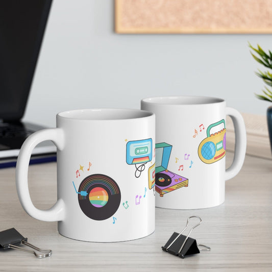Classic Melodies Mug for Coffee and Tea: white, black retro music theme, cartoon retro style