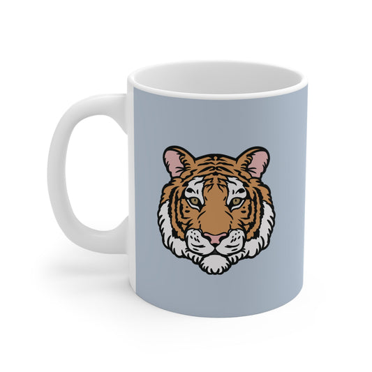 Blue Mug with Tiger Logo: light blue-gray, white tiger, cartoon style