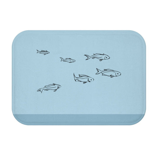 Oceanic Fish Bath Mat: light blue, dark blue-gray fish, minimal cartoon style