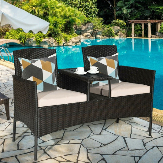 Outdoor Rattan Patio Love Seat with Side Table: dark brown/black, beige outdoor patio loveseat with integrated center table