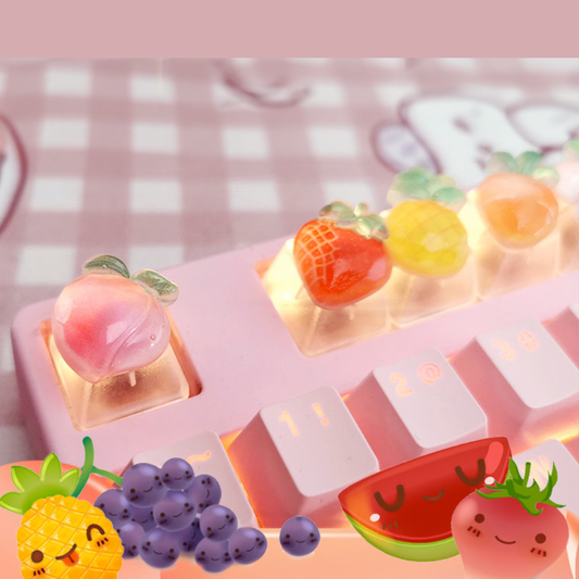 Translucent Keyboard Keycap Set - 6 Pieces for Gaming with Fruit Design: pink, white fruit-themed, kawaii style