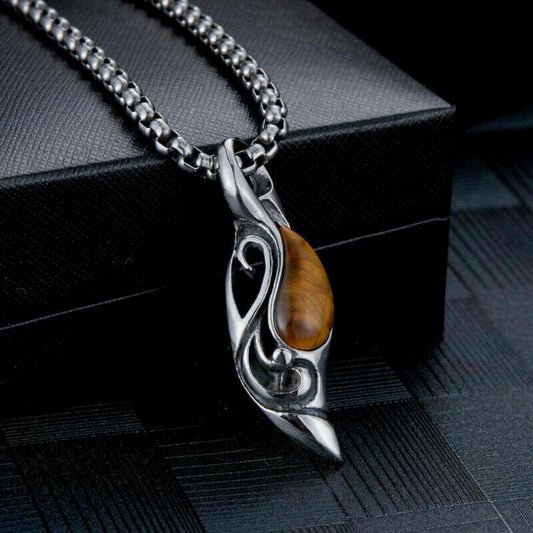 Tiger Eye Stone Necklace with a Hanging Pendant: silver, brown pendant necklace, ornate, gothic-inspired style