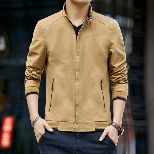 Short Casual Men's Zippered Jacket: tan, black zip-up jacket, minimal casual style