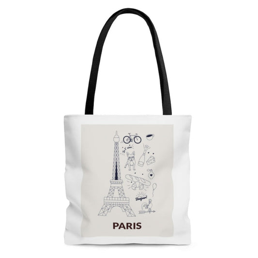 Everyday Shopper Tote Bag Medium, Symbolic Essence of PARIS: white, black Paris theme, minimal cartoon line art style