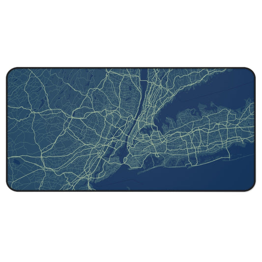 Radiant New York City Map Desk Pad: dark navy blue, light green map, minimal map graphic style