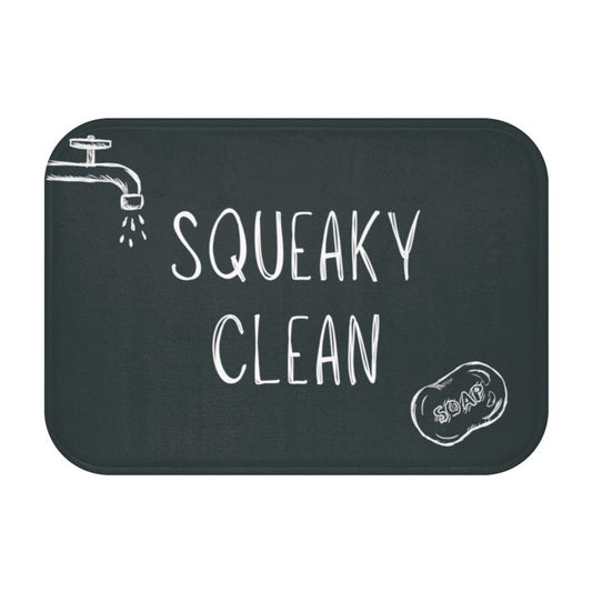Clean and Tidy Bath Mat: dark charcoal gray, white cleanliness/bathroom theme, chalkboard, hand-drawn lettering style