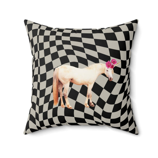 Retro Enchanted Unicorn Square Pillow, Available in 3 Sizes: black, white horse, surreal graphic style