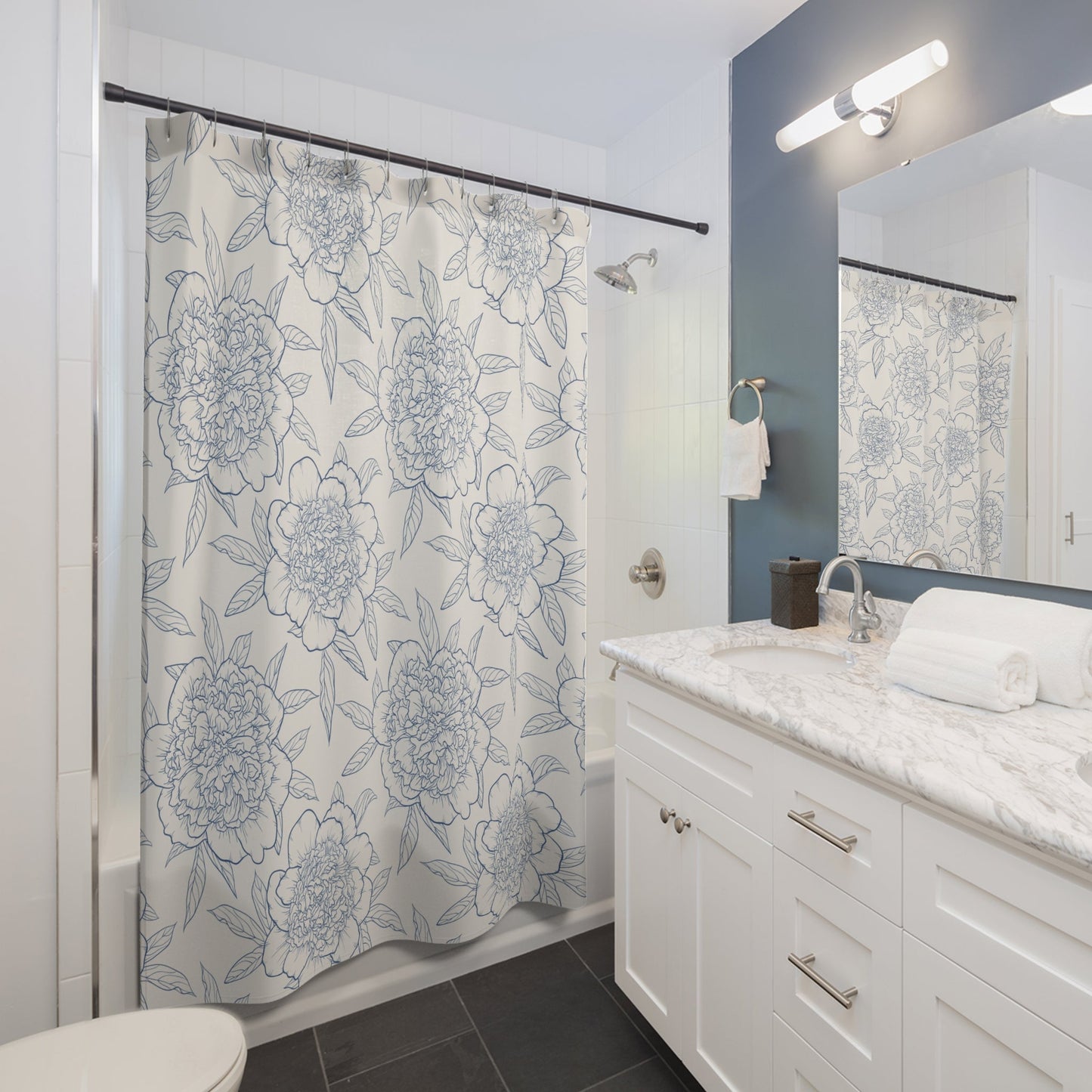 Floral Shower Curtain with Blue Outlines