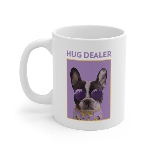 Dealer of Pug Embrace Mugs: white, purple French bulldog, cartoon/photo graphic style