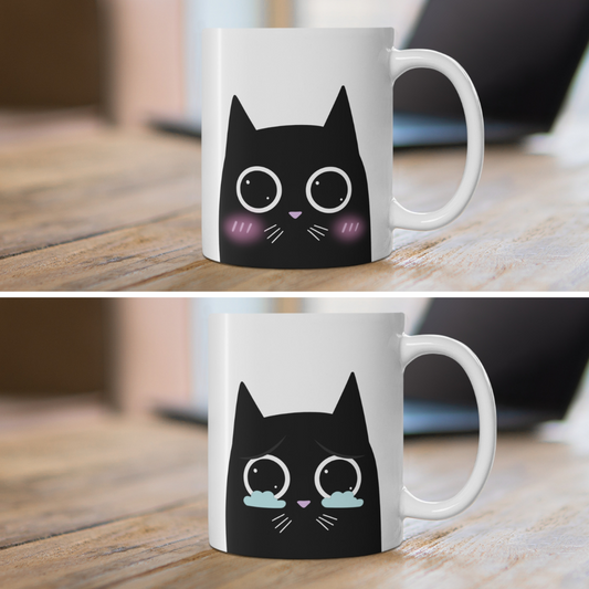 Emotive Feline White Mug Set, 2 Pieces: white, black black cartoon cat, kawaii cartoon style