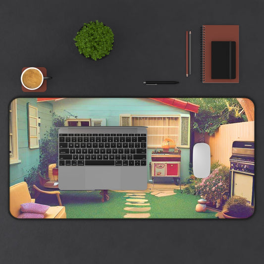 Desk Mat with Vintage Outdoor Vibe: black, gray retro outdoor patio scene, retro colorful illustration style