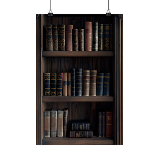 Decorative Poster for Book Lovers: black, dark brown bookshelf with books, realistic, dark vintage library aesthetic style