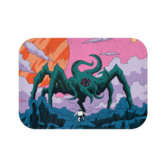 Space Creature Alien Bath Mat: Enhancing Your Home Décor: pink, purple tentacled monster creature in a mountainous alien land