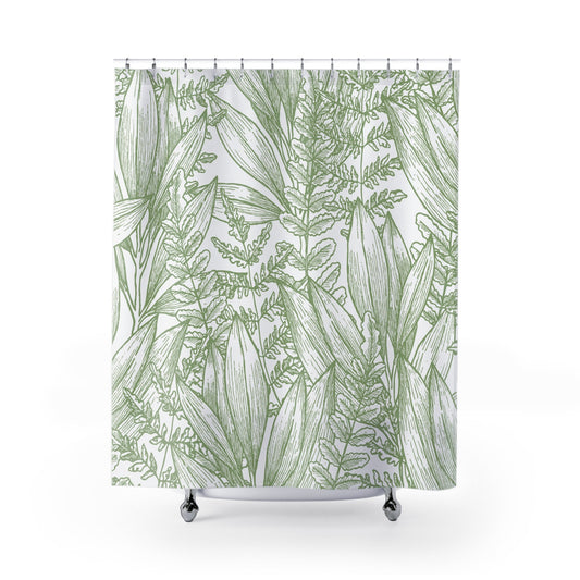 Shower Curtain with Leafy Silhouette Design: white, green botanical foliage, botanical line drawing style