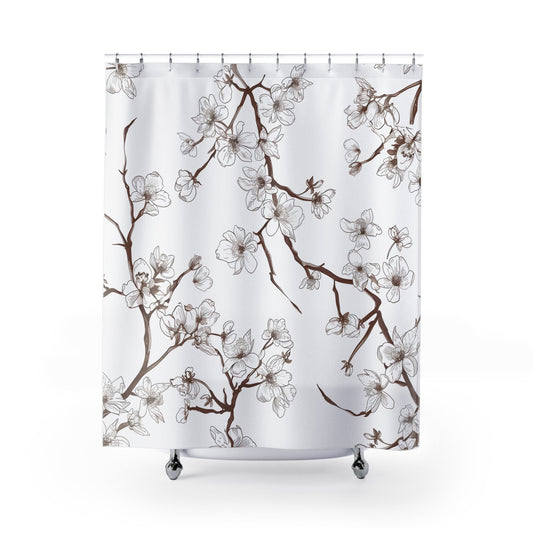 Cherry Blossom Shower Curtain: Embrace the Beauty of Nature in Your Bathroom: white, brown floral tree branches, minimal bota