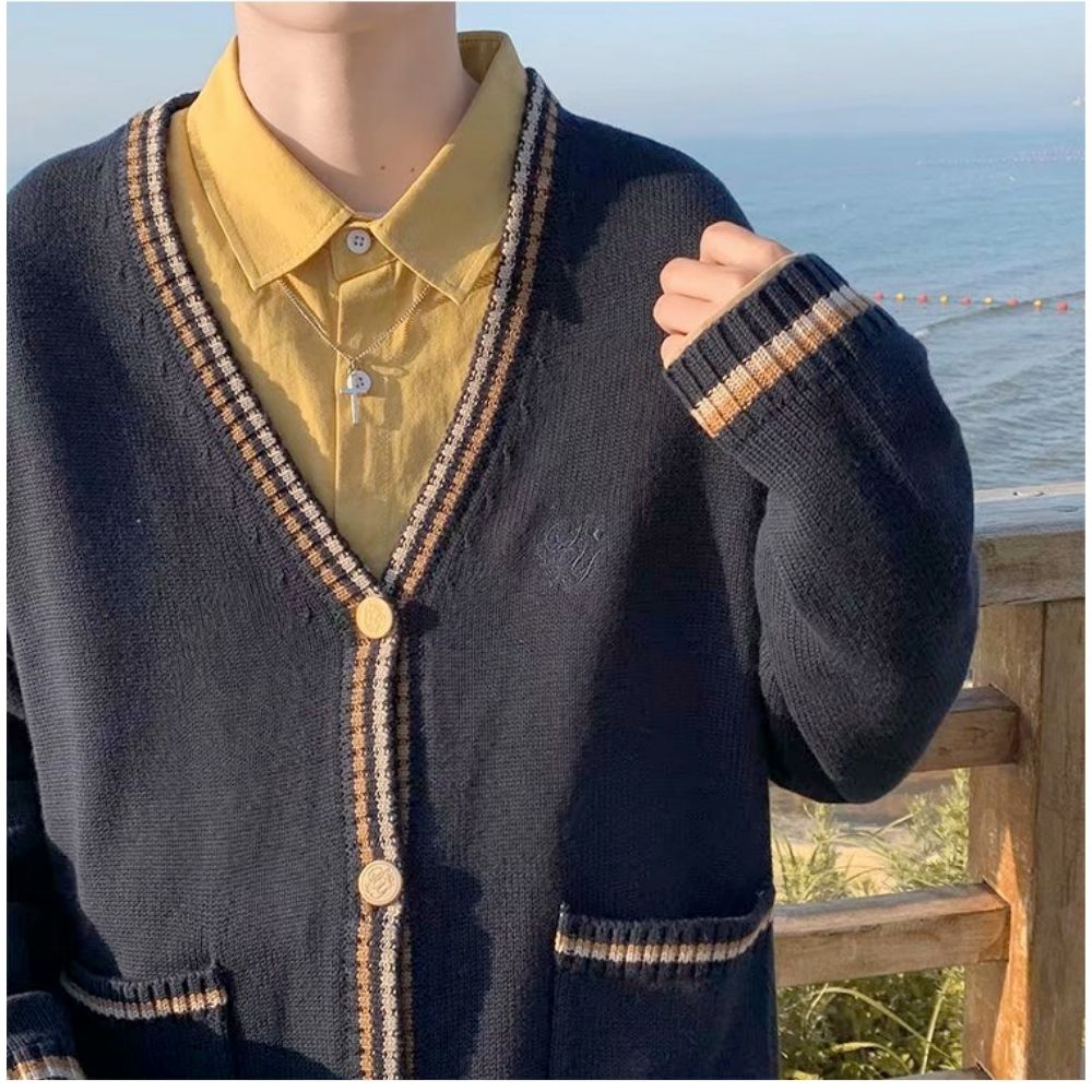 Men's Cardigan with Front Pockets - V Neck Design