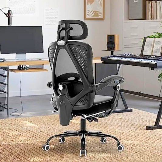 Reclining Mesh Chair with Headrest and Footrest: The Ultimate Comfort Companion: black, dark gray office chair, modern ergono
