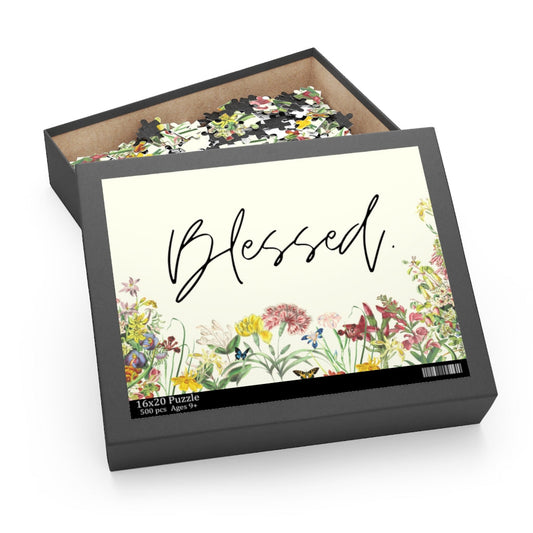 Floral 500-Piece Jigsaw Puzzle with Inspirational Saying: black, cream floral "Blessed" theme, botanical, decorative typograp