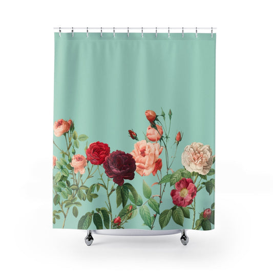 Teal Rose Garden Shower Curtains - Enhance your Home Decor: mint green, red roses and botanical floral pattern, vintage botan