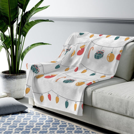 Plush Throw Blanket with Festive Holiday Lights: white, red stylized hanging ornaments/lights pattern, minimal cartoon holida
