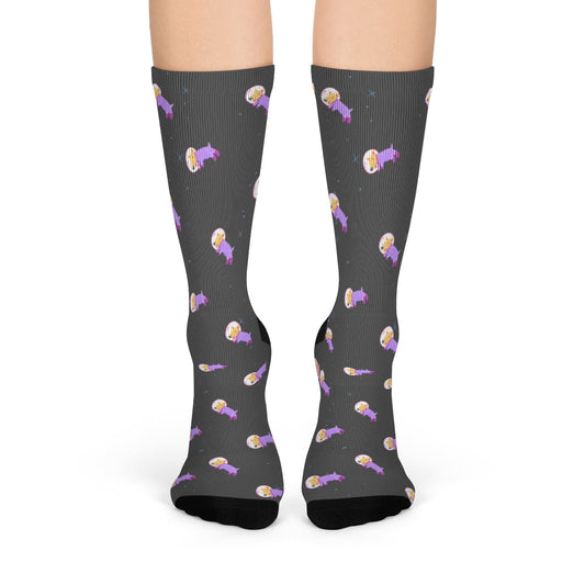 Space Adventure Dog Fun Socks: dark gray, black cartoon sleeping person/character motif