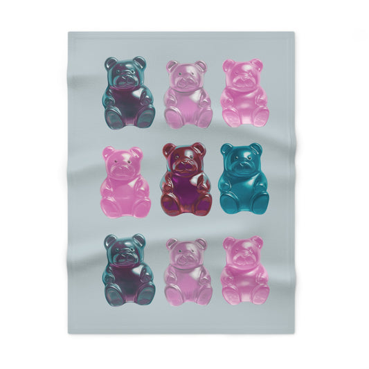 Soft Fleece Baby Blanket in the Shape of a Gummy Bear: translucent gray, teal bear, cartoon style